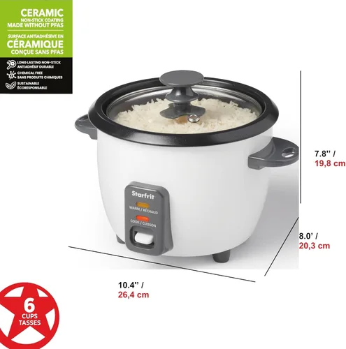 Vista 2 de Starfrit - Arrocera eléctrica, 6 tazas, 300 W, color blanco Cesta de vapor, taza medidora, cuchara de servicio, hace arroz perfecto
