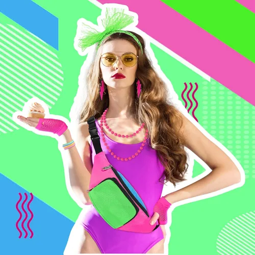 Vista 4 de Handepo Juego de 19 accesorios de disfraz de los años 80, diseño retro de los años 80, riñonera de neón de los años 80, banda para el pelo, guantes