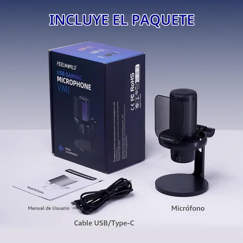Vista 7 de FEELWORLD VM1 Micrófono USB para PC de juegos Micrófono condensador con cancelación de ruido, luz RGB silenciosa, accesorios para computadora