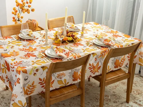 Vista 2 de YiHomer Colección de mesa de Acción de Gracias de otoño para decoración de cocina, comedor, fiestas, cosecha, hojas de otoño, mantel, rectangular