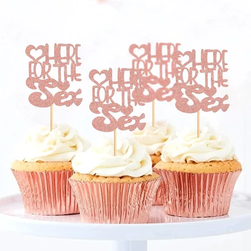 Vista 4 de Ercadio Paquete de 24 adornos para cupcakes sexuales, color oro rosa, con purpurina para cupcakes sexuales, para revelación de género, para baby