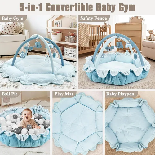 Vista 2 de Gimnasio de felpa 5 en 1 para bebés, tapete de actividades con gimnasio convertible, gimnasio para bebés, 6 juguetes sensoriales, centro