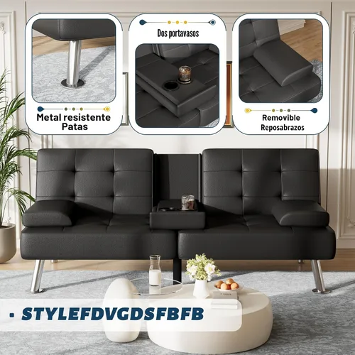 Vista 5 de Furmax Sofá Cama Futón Ajustable Sofá Cama Futón Sleeper para Sala de Estar, Oficina de Negocios, Sofás Reclinables con Portavasos (Cuero PU, Negro)