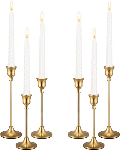 Vista 8 de Candelabros dorados – Juego de 3 portavelas de latón dorado para decoración de mesa, repisa, boda, comedor, fiesta (velas no incluidas)
