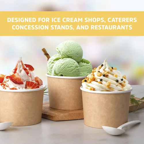 Vista 4 de Promora Tazas de helado de papel desechables de 12 onzas, 50 unidades + cucharas, cuencos para sopa caliente/postre con cucharas, perfectas