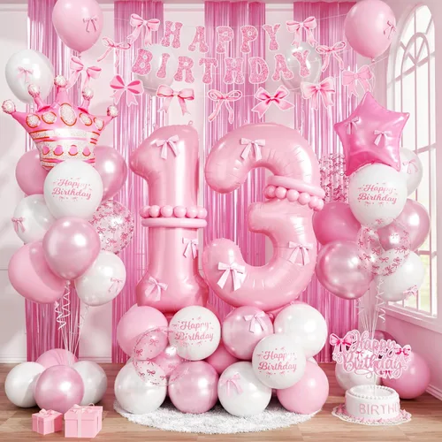Vista 29 de Decoraciones de cumpleaños número 13 en crema para niñas, globos beige con número 13 en forma de corazón y estrella marrón, globos neutros