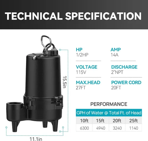 Vista 6 de 1/2HP Bomba de aguas residuales de hierro fundido 115V 6300 GPH Bomba de efluente Negro oscuro