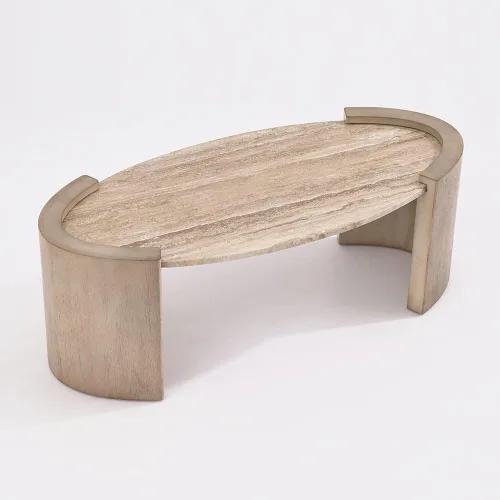 Vista 9 de homary Mesa de Centro Ovalada Japandi de 43 pulgadas con Superficie de Piedra Travertina – Mesa de Centro Ovalada de Doble Pedestal con Superficie