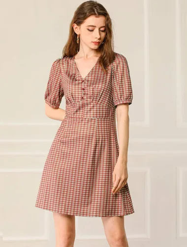 Vista 3 de Allegra K Mini vestido de mujer con mangas de linterna con cuello en V y botón de decoración en una línea