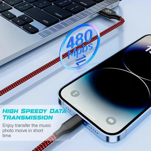 Vista 6 de Paquete de 3 cables de carga para iPhone de 6 pies con certificación MFi, trenzados, de carga rápida, duraderos y curvados de 25 K+ para iPhone