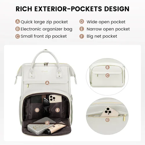 Vista 3 de LOVEVOOK - Mochila para laptop para mujer, mochila de moda para mujer.., Blanco beige, 15,6 pulg.