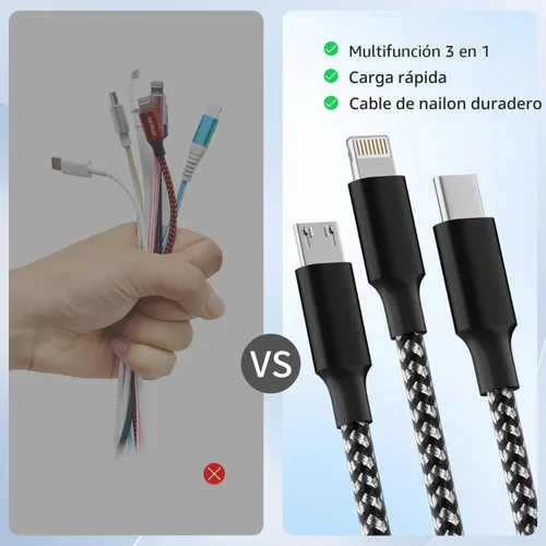 Vista 3 de Travel Essentials - Cable de carga múltiple 3 en 1, cable de carga universal para teléfono Micro USB Cable with Type-C, Micro USB,IP Port, Travel