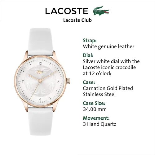 Vista 5 de Lacoste Correa de reloj de cuarzo de acero inoxidable para mujer piel de becerro blanca 16 Modelo 2001169 Blanco Reloj de cuarzo