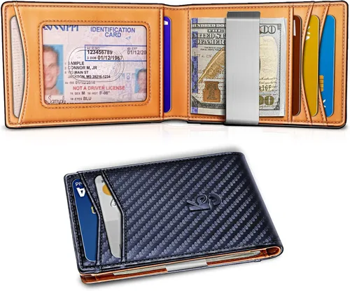 Vista 2 de KEMISANT Billetera para hombre para Airtag o uso estándar, cartera delgada con bolsillo frontal con 11 tarjetas con bloqueo RFID, sin agujeros