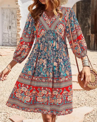 Vista 3 de BTFBM - Vestidos casuales de primavera y verano para mujer, cuello en V, manga larga 34, con volantes, floral, estilo bohemio, mini vestido de playa