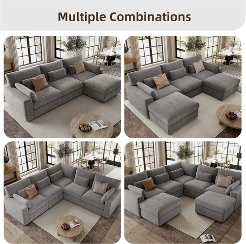 Vista 7 de Sofá modular de 146.5 pulgadas, sofás extra profundos en forma de U para sala de estar, sofá de felpilla de 4 asientos con patas de madera, otomana
