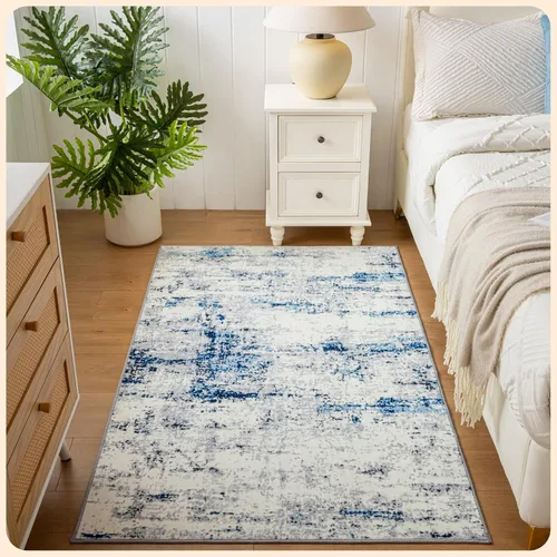 Vista 213 de Istana Alfombra larga antideslizante de 2.5 x 8 para el hogar, para pasillo y cocina, lavable, sedosa y suave al tacto, elegante, color azul y marfil