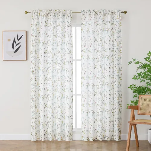 Vista 16 de Chyhomenyc Cortinas de mezcla de lino de 63 pulgadas de largo, 2 paneles de cortina con estampado floral filtrante de luz para sala de estar