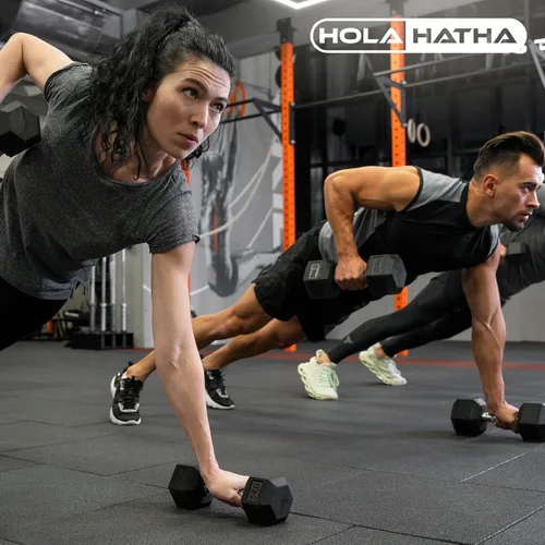 Vista 4 de HolaHatha Hexagonal Dumbbell Free Hand Weight Set w/Rack Negro