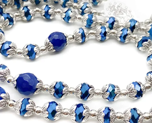 Vista 8 de Nazareth Store Collar de cuentas de cristal azul profundo rosario ágata azul gloria collar con cuentas de piedra milagrosa y cruz crucifijo