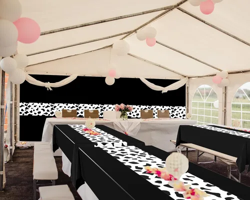 Vista 4 de Paquete de 3 manteles con estampado de vaca negra, 54 x 108 pulgadas, mantel rectangular desechable para fiesta de vaquera occidental, mi primer