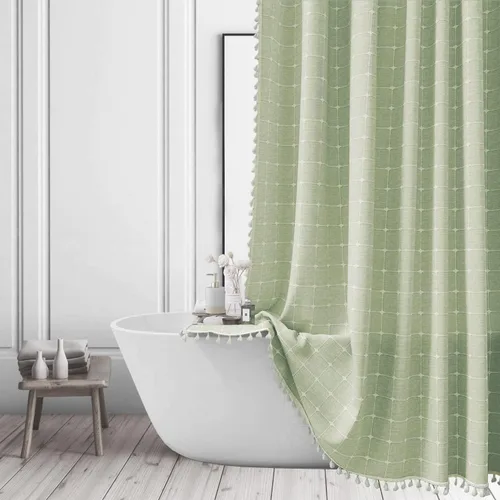 Vista 12 de Cortina de ducha de tela de estilo granja con rayas negras, cortina de baño bohemia de patchwork de gingham, cortina de baño rústica y elegante