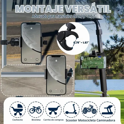 Vista 3 de ONEDONE Soporte universal para teléfono para cochecito, carrito de golf, carritos de compras, scooter, soporte para teléfono celular, usos