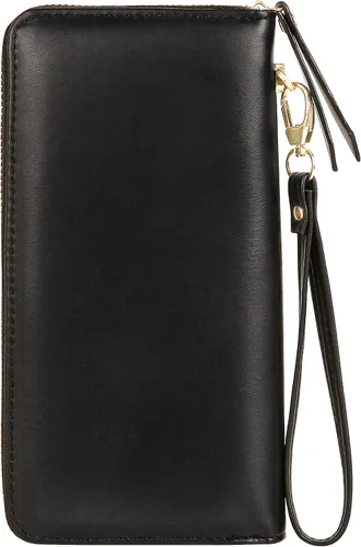 Vista 2 de Cartera de cuero para mujer, con bloqueo RFID, bolsillo con cremallera, tarjetero con ventana de identificación