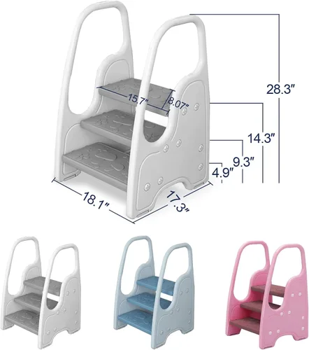 Vista 2 de Taburete de 3 escalones para niños pequeños, taburete de tres escalones para fregadero de baño o encimera de cocina, torre de pie, ayudante