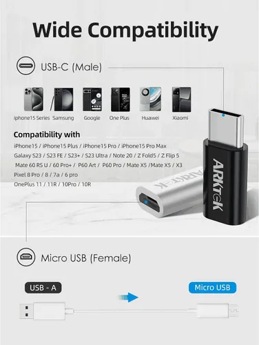 Vista 2 de ARKTEK Paquete de 4 adaptadores USB-C macho micro USB hembra tipo C, adaptador de transferencia de datos rápida y carga universal compatible