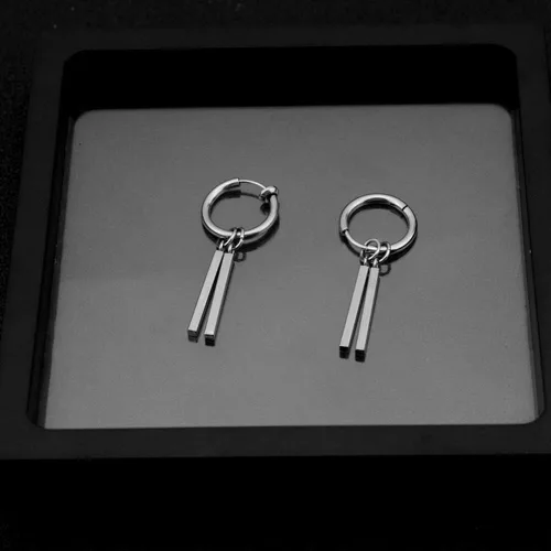 Vista 2 de Aretes colgantes minimalistas de doble barra pequeña de aro pequeño para hombres, mujeres, niños y niñas, dijes de acero inoxidable 316L, aros