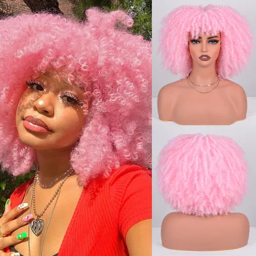 Vista 44 de Vitorish Peluca corta afro rizada con flequillo para mujeres negras, peluca sintética resistente al calor, color negro natural, para uso diario