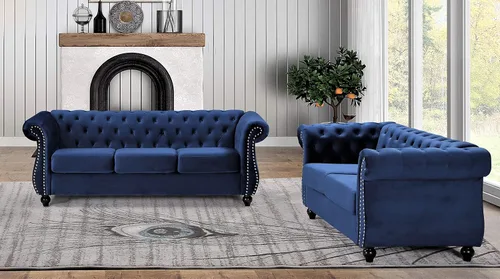 Vista 10 de Container Furniture Direct Feinstein - Sofá de terciopelo moderno Chesterfield para sala de estar con cabezas de clavos, acolchado de diamante