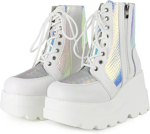 Vista 6 de mikarka Botas holográficas de plataforma para mujer, con cordones en el tobillo, con tachuelas y hebilla, góticas, de cuña apilada, botines de Cuña