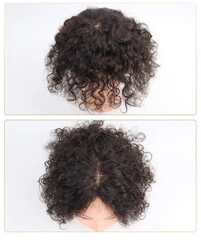 Vista 2 de Corona de cabello humano con base de seda de 10 pulgadas con clip y clips para mujer, parte media, rizado