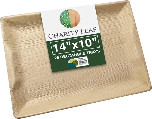 Vista 10 de Charity Leaf Bandejas desechables de hoja de palma de 14" x 10" (10 piezas) Platos para servir tipo bambú, tablas desechables, vajilla ecológica