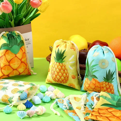 Vista 4 de Sweetude 24 piezas de decoraciones hawaianas de fiesta de 5 x 7 pulgadas, bolsas de regalo de piña Luau para fiesta, pequeñas bolsas de dulces