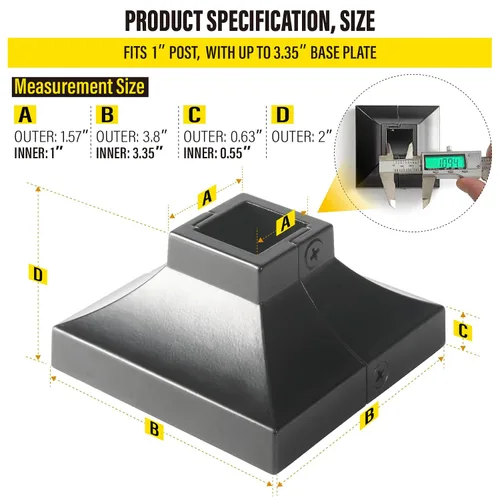 Vista 3 de 1 pieza Base de poste de cubierta de 2,5 cm de aluminio, falda de poste, pasamanos, escalera, base de barandilla de terraza y porche (negro)