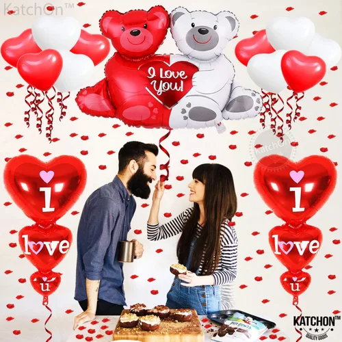 Vista 9 de KatchOn, Juego de globos I Love You, grande, paquete de 2043, juego de globos de oso de peluche grandes, pétalos de rosa rojos, globos de San
