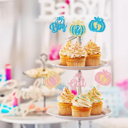 Vista 6 de 24 adornos para cupcakes de calabaza para niños o niñas con purpurina para revelación de género, decoración para cupcakes de calabaza, pies