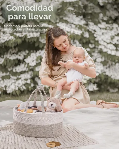 Vista 8 de Maliton Organizador de pañales para bebé, cesta de regalo de cuerda de algodón, organizador de pañales portátil para cambiador, organizador