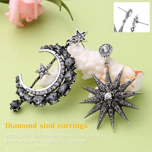 Vista 6 de MINIDUO aretes de luna y estrella para niñas, joyas, a la moda, aretes colgantes, para mujer, aleación, Negro