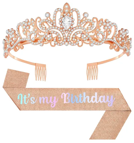 Vista 24 de Tiara de cumpleaños y corona con banda, tiara de cumpleaños para fiesta de mujeres (rosa)