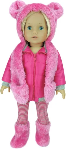 Vista 4 de Sophia's Muñeca de 18 pulgadas, 4 piezas. Traje de invierno con chaqueta de nailon rosa intenso, sombrero y botas de piel sintética de oso