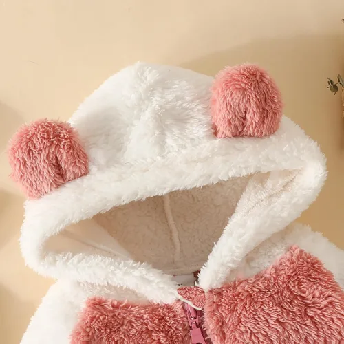 Vista 5 de iQKA Toddler Newborn Baby Boys Girls Bodysuits Coral Velvet Heart Print Fashion Cute Ears Hooded Soft Winter Warm