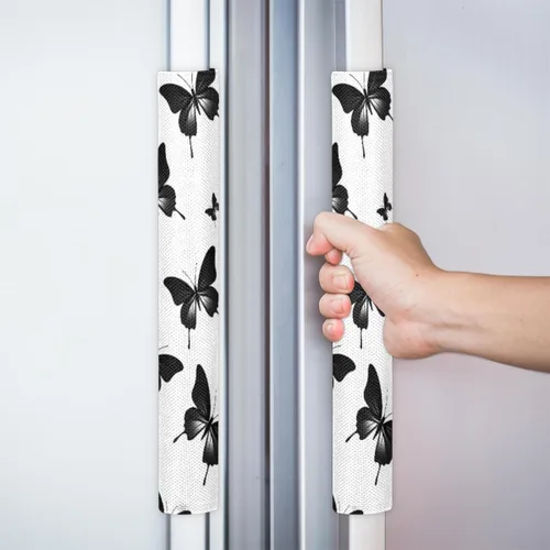 Vista 6 de Juego de 2 cubiertas para manija de puerta de refrigerador con patrón de mariposa negra, cubiertas para manija de cocina, protector