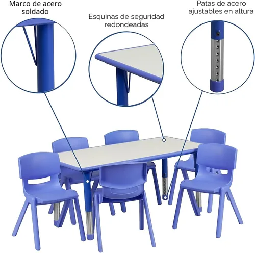 Vista 3 de Conjunto Flash Furniture de mesa resctangular y 6 sillas apilables, de plástico, con 6 sillas apilables para escuela, Acero, Azul