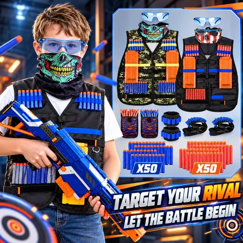 Vista 7 de Paquete de 2 chalecos tácticos para niños, juego de pistolas Nerf N-Strike Elite Series Wars con dardos de repuesto, clips de recarga, bolsa