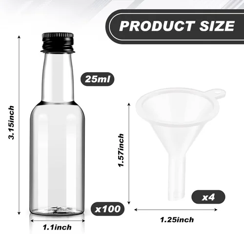 Vista 2 de Tessco 100 Piezas Mini Botellas de Licor de Plástico Mini Botella de Aderezo para Ensalada Navidad Pequeños Chupitos Soportes de Alcohol con Tapa