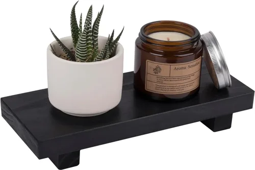 Vista 8 de Organizador de encimera de baño, soporte de pedestal de madera, bandeja decorativa de estilo granja, portajabones para decoración de cocina, Negro